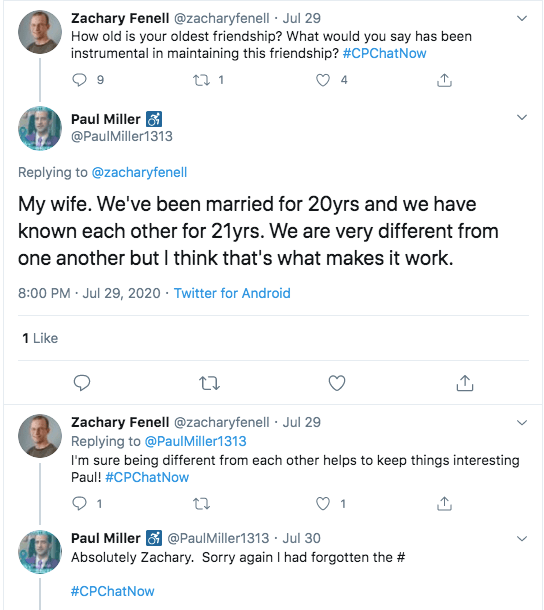 paul tweeted his longest friendship is his wife of 20 years who he has known for 21 years. he tweeted the key is they are different from each other, but that makes it work. 
