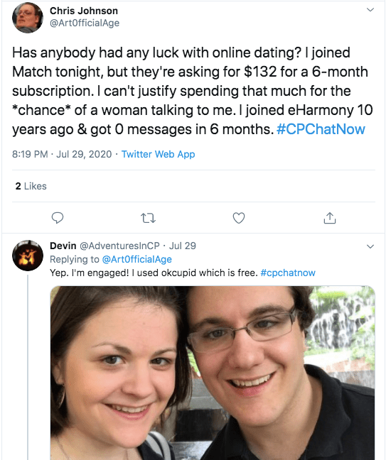 chris asks if people have had luck with online dating and said he is thinking about joining match.com. i shared that i am engaged after using okcupid with a picture of me and my fiancee. 