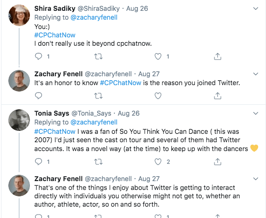 shira tweeted she joined twitter because of #cpchatnow. tonia joined because of the dancers from so you think you can dance having accounts and she wanted to keep up with them 