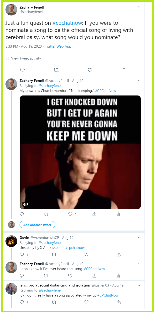 #CPChatNow participants discuss what songs they would nominate to be the official song of living with CP.