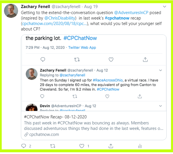 Participants revisit the extend-the-conversation question from the August 12th #CPChatNow recap, What would you tell your younger self about CP?