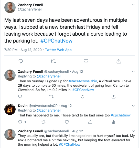 zach says his last few days have been adventurous with a fall at a new library branch and he signed up for the race across ohio. he tweeted that he was ultimately fine after the fall