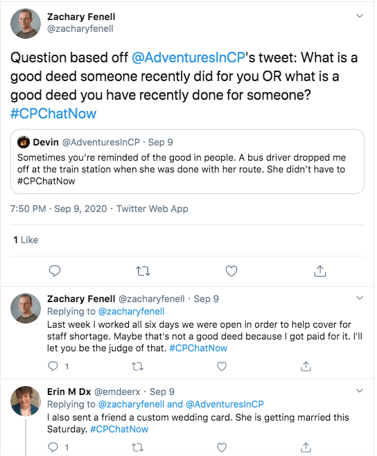 zach asked members what a good deed someone had done for them or they had done for someone else. zach shared he worked all six days his work was open to cover a staff shortage, erin tweets she send a friend a custom wedding card 