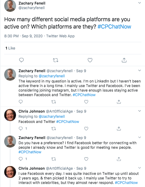 chris and zach tweet about what social media platforms they are active on. zach tweets he is not active on linkedin, but has not been active. he mainly uses twitter and facebook. zach tweets he likes facebook for people he already knows and twitter is better for meeting new people, chris tweets he uses facebook every day and uses twitter to interact with celebrities. 