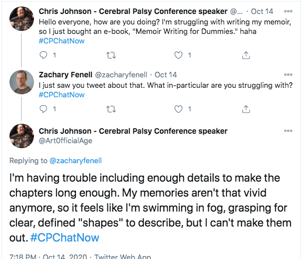 chris tweeted he is struggling with his memoir and bought a book memoir writing for dummies, zach asked what he is struggling with, chris tweeted he is having a hard time including enough details and struggling with vivid memories