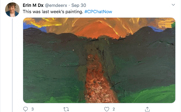 erin shares last week's painting, a painting with a sky at sunset. there is a brown path with dark green landscapes on both sides