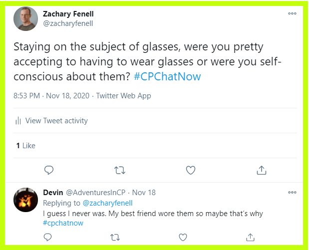 Devin and Zachary discuss attitude towards wearing glasses. 