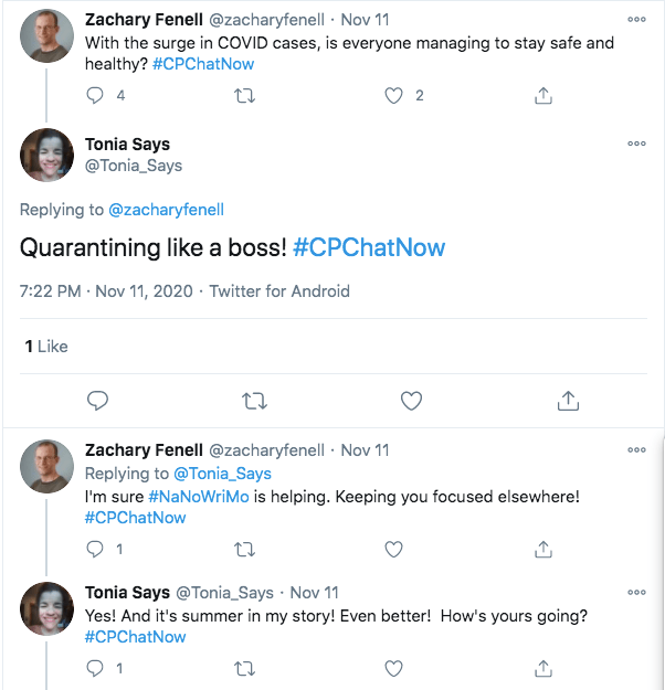 zach asks if everyone is staying safe and healthy, tonia tweets she is quarantining like a boss, zach asks if #NaNoWriMo is helping by keeping her focused, tonia tweeted that it is and it is summer in her story. 