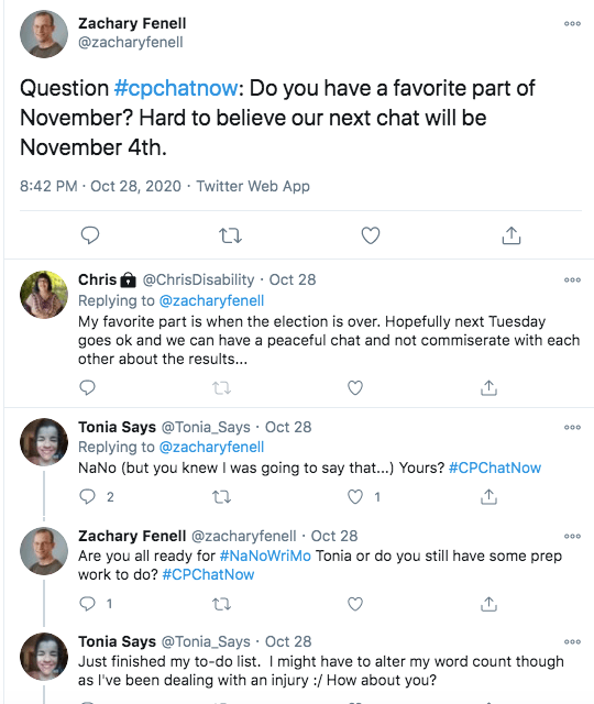 zach asks if members have a favorite part of november, chris tweeted her favorite part is when the election is over, tonia tweeted her favorite part is NaNo- an effort for people to write their novels, zach asked if she was ready, tonia tweeted she finished her to do list, but may have to alter her to word count due to injury 