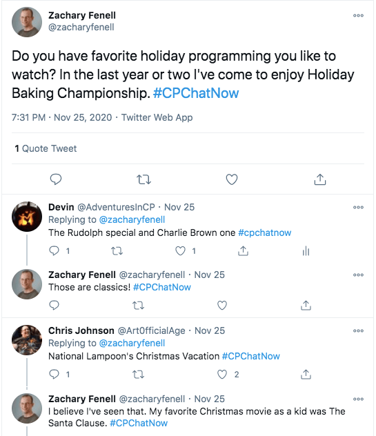 zach asks if there is favorite holiday programming people like to watch. zach tweets he enjoys the holiday baking championship, devin tweets he watches the rudolph and charlie brown specials, chris tweets he watches national lampoon's christmas vacation, zach tweets he likes the santa clause