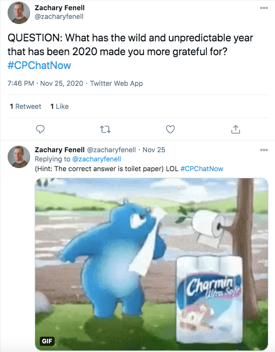 zach asks what members are most grateful for and tweets his answer is toilet paper