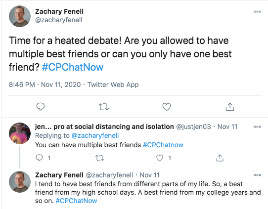 zach asks if members feel they can have multiple best friends, jen tweets she feels that you can, zach tweets he has best friends from different aspects of his life like high school and college 