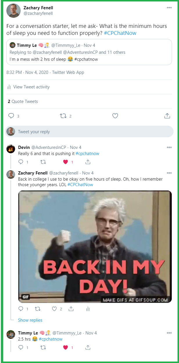 #CPChatNow participants discuss how many hours of sleep they need to function properly.