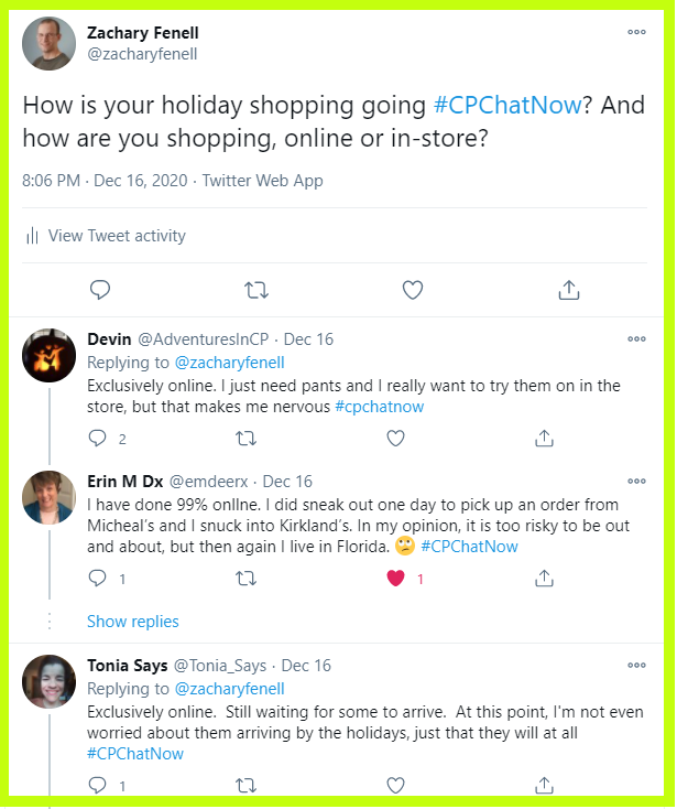 #CPChatNow participants discuss how they are doing their holiday shopping. 
