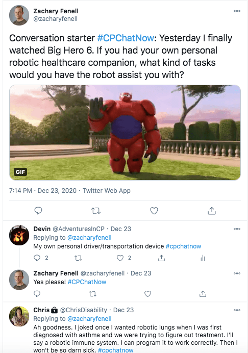 zach asked members what they would want a personal healthcare companion to assist with after being inspired by the movie big hero 6. there is an image of baymax in a red and blue suit. i tweeted i want my own personal driver/transportation device, chris tweeted she wanted robotic lungs when first diagnosed with asthma, but she would now like a robotic immune system so she could program so she wouldn't be so sick 