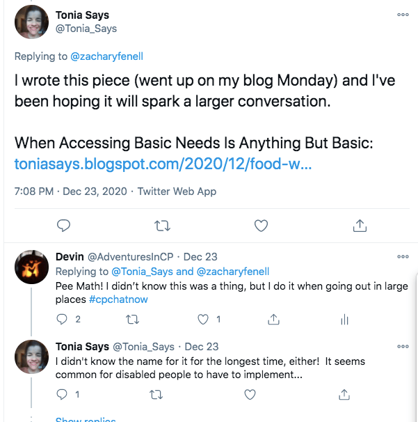 tonia tweets about her latest blog post, i tweeted about pee math and stated i didn't know it was a thing, but i do it when going out in large places, tonia tweeted she didn't know the name for it, but she does it as well