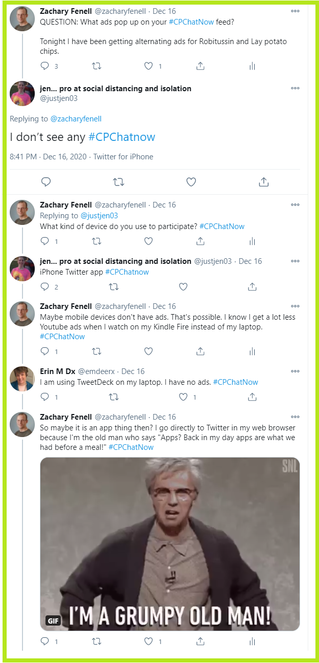 Some #CPChatNow participants report not seeing any ads in their chat feed.