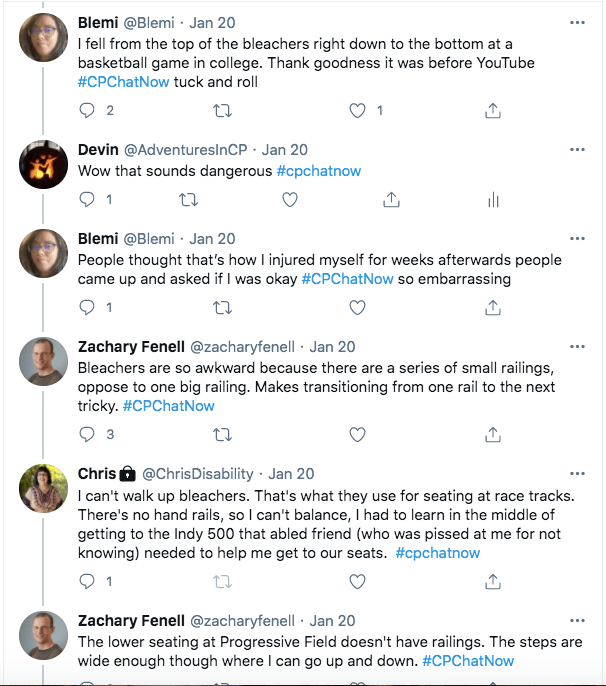 blemi tweets she fell to the bottom of the bleachers at a basketball game in college, she tweets that's how people though she injured herself, zach tweets bleachers are awkward for him because it's small railings and bigger railings which makes transitions difficult, chris tweets she cannot walk up bleachers and that's what they use for seating at race tracks and her friend needed to help her at the indy 500, zach tweets the lower seating at progressive field has no railings, but the steps are wide enough that he can get to them