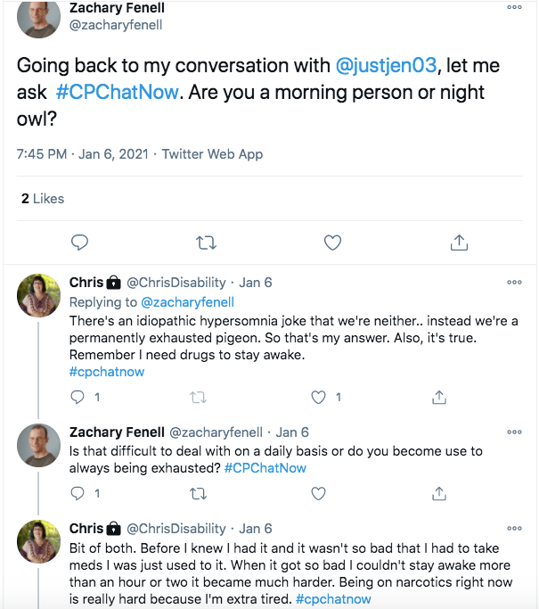 zach asks members whether they are a morning person or night owl, chris tweets she has idiopathic hypersomnia so she is neither- she just feels permanently exhausted, zach asked if she is used to this, chris tweets she was used to it, but it has been much harder as it has gotten worse