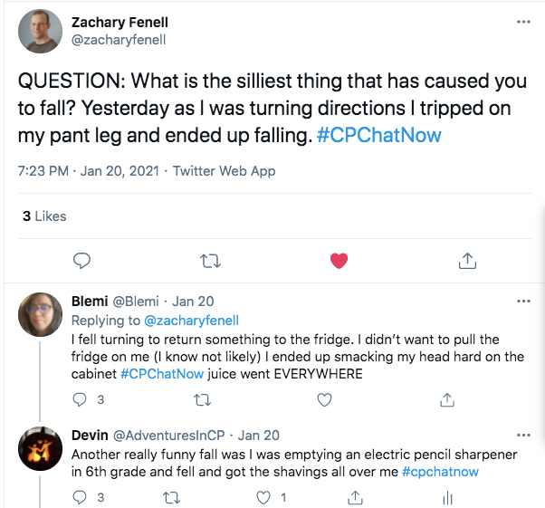 zach asks what the silliest thing is that has caused a fall tweeting he tripped on his pant leg, blemi tweeted she fell turning to return something to the fridge, smacking her head on the cabinet with juice going everywhere, i tweeted about falling while emptying an electric pencil sharpener in 6th grade which got the shavings all over me
