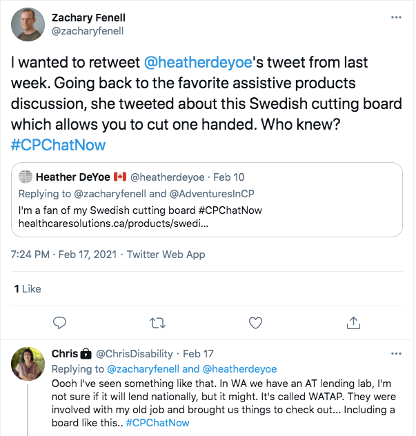 zach retweets heather's tweet about her swedish cutting board being her favorite assistive product, chris tweeted she has seen that and the state of washington has an AT lending lab that brought her things to check out