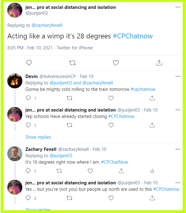 #CPChatNow participants from Texas discuss their unusually cold winter.