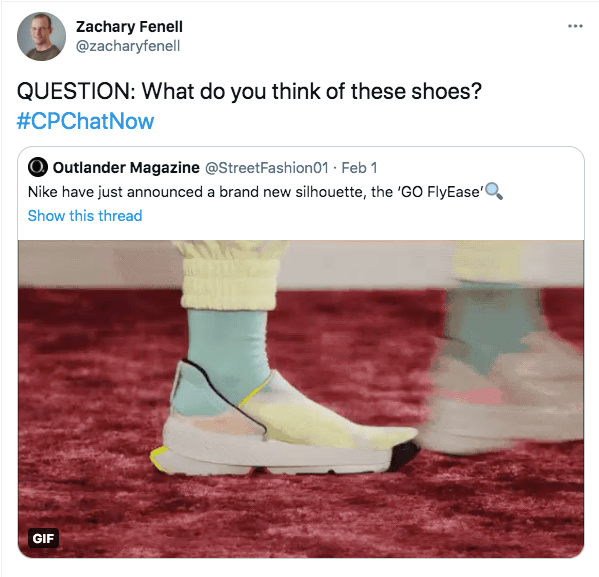 zach asks what people think of nike's new go flyease shoes, there is a gif of someone wearing a yellow, pink, and teal shoe 