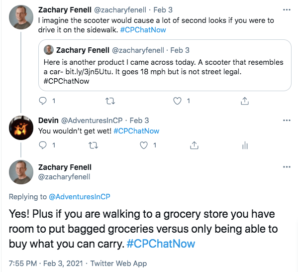 zach tweets the scooter would cause a lot of second looks going down the street, i tweet that you would not get wet, zach tweets you could have room to put groceries in the back 