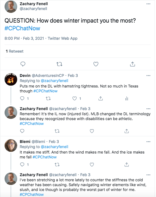 zach asks how winter impacts people the most, i tweet it puts me on DL with hamstring tightness, but not as much in Texas, zach tweeted the DL is now the Injured List, blemi tweeted it makes her stiff, the wind and ice makes her fall, zach tweets he has been doing extra stretching to combat stiffness and that safely navigating winter elements is the worst part of winter for him