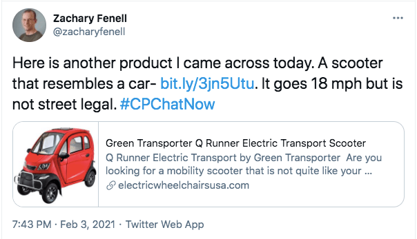 zach tweets about a scooter that looks like a car that goes 18 miles per hour, but is not street legal. the tweet includes an image of a scooter with a body of a red car 
