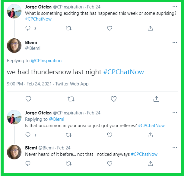 Jorge asks #CPChatNow participants about any exciting or surprising happenings which occurred over the past week.