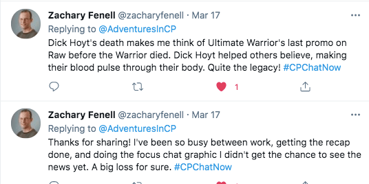 zach tweets dick hoyt's death made him think of ultimate warrior's promo before his death. dick hoyt helped others believe and made their blood pulse through their body. 