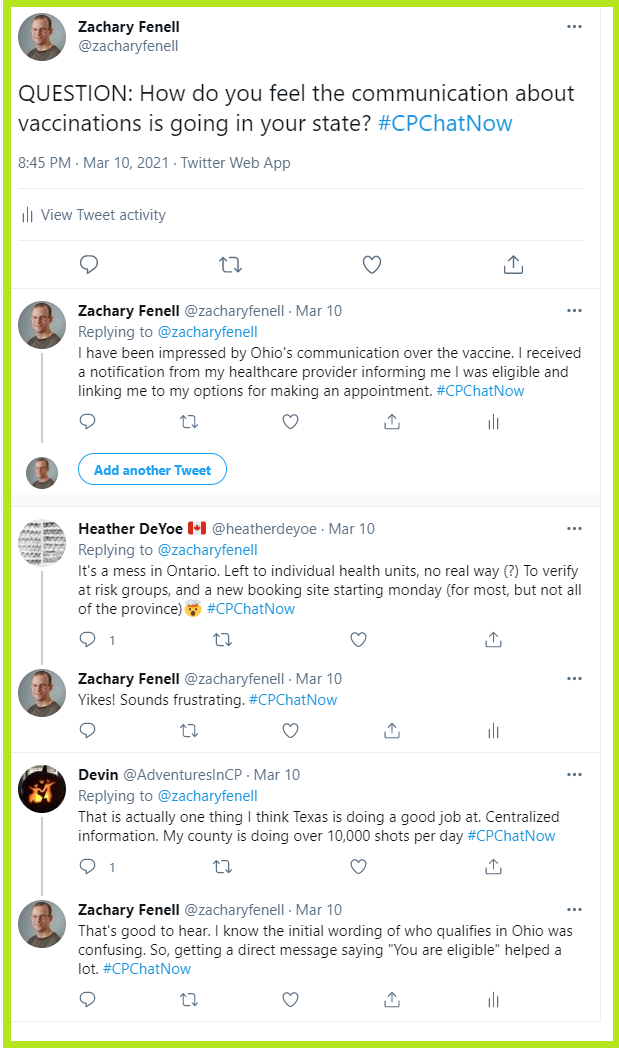 #CPChatNow participants discuss how vaccinations are going in their respective areas.