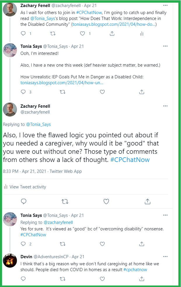 #CPChatNow participants discuss Tonia's blog post about interdependence. 