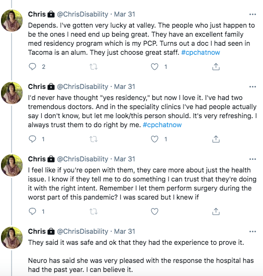 chris tweeted about her experiences at valley healthcare's residency program, she tweets she appreciates people they saying they don't know, but they would consult and she tweeted she feels doctors care more if you are open about your health. 