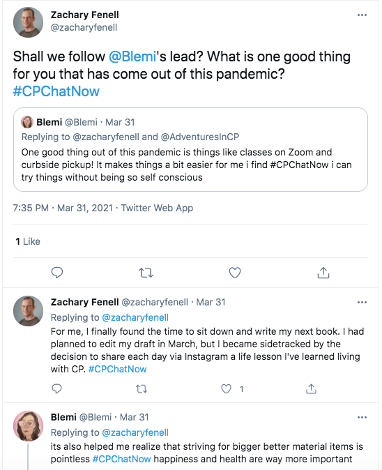 zach asks about a good thing that resulted form the pandemic after blemi talked about online yoga classes, zach discussed finishing his next book, stating he had planned to edit the draft in march, but was sidetracked by instagram posts, blemi tweeted striving for bigger material items is pointless 