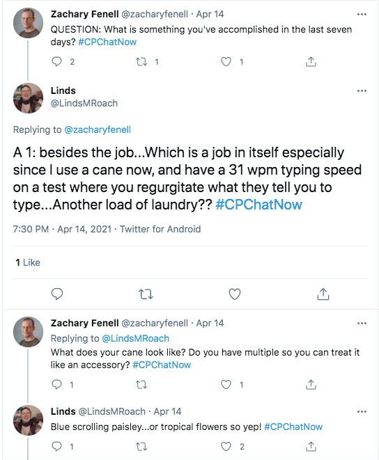 zach asks about what members have accomplished in the last seven days, linds tweets she has started to use a cane and has a 31 wpm typing speed, she tweeted she also did another load of laundry, zach asks what her cane looked like and if she multiple so she can treat it like an accessory, linds tweeted her canes are blue scrolling paisley or tropical flowers