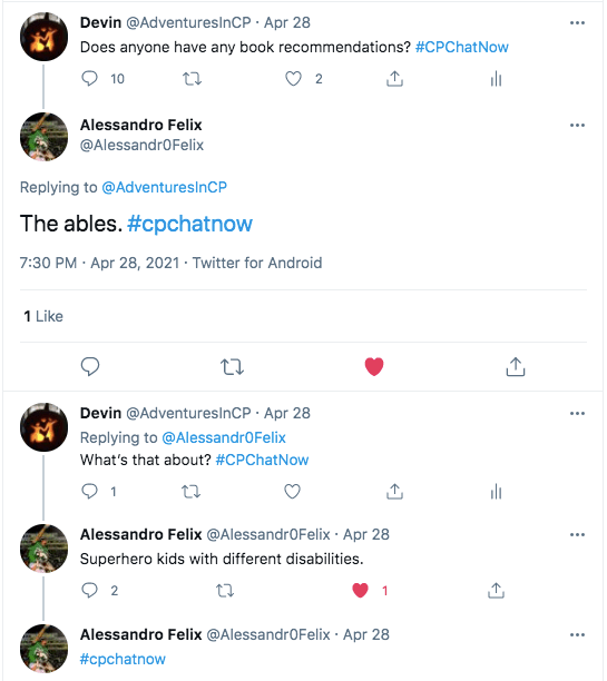 i ask if anyone has any book recommendations. alessandro tweeted the ables, a story about superhero kids with different disabilities. 