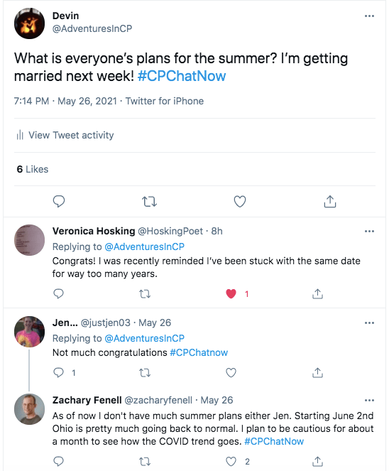 i asked what everyone's plans are for the summer and that i'm getting married next week, veronica congratulated me and said she was stuck with the same date for way too many years, jen tweeted she doe not have much planned, zach tweeted he does not have much planned and that ohio is going back to normal june 2nd, he is planning to be cautious for about a month 