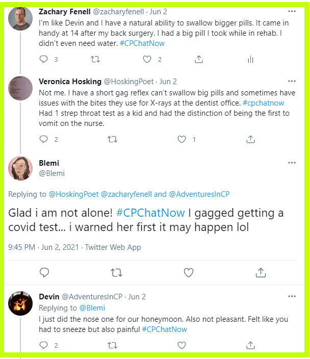 Participants in #CPChatNow discuss their skill level at swallowing pills.