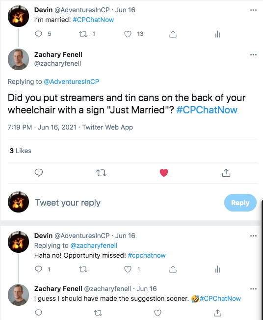 i tweet that i am married, zach asks if i put streamers and tin cans on the back of my wheelchair saying just married, i tweet that i did not and it was an opportunity missed, zach tweets he should made the suggestion sooner
