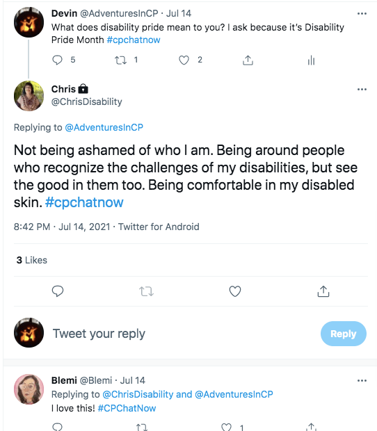 chris tweeted disability pride means not being ashamed of who she is. being around people who recognize the challenges of her disabilities, but also see the good in them. being comfortable in her disabled skin. blemi tweeted she loves chris' definition 