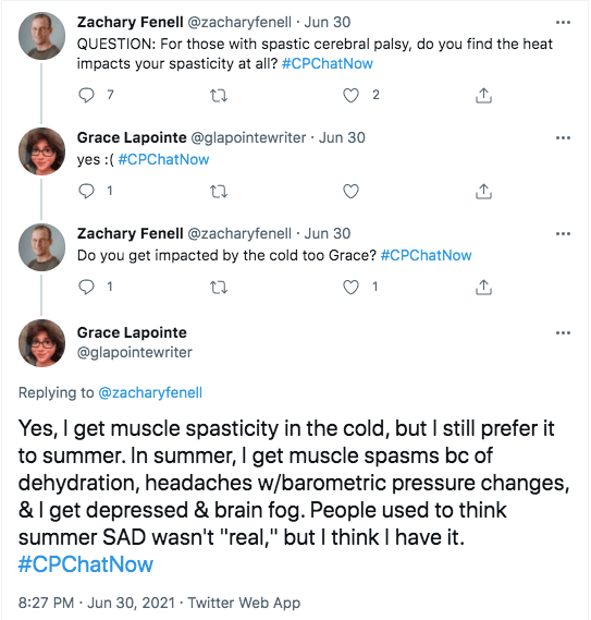 zach asked if members are impacted by heat. grace answered she gets spasticity in the cold, but prefers it to summer. she gets muscle spasms because of dehydration, headaches with barometric pressure changes, and depression with brain fog. grace thinks she has summer SAD