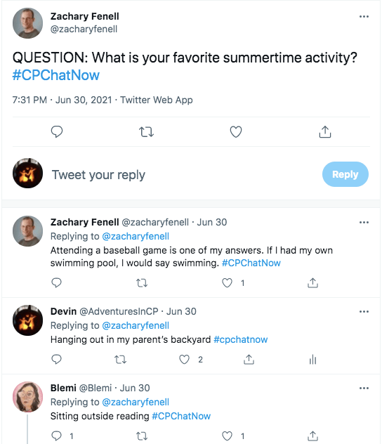 zach asked what is your favorite summer activity, he tweeted attending a baseball game is one of his favorites along with swimming, i tweeted i like to hang out in my parent's backyard, blemi tweeted she likes to sit outside and read.