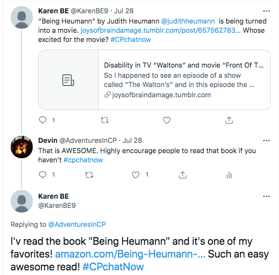 karen tweets that Being Heumann is being turned into a movie and asks who is excited. I tweeted my encouragement for people to read the book and karen tweeted she likes the book.