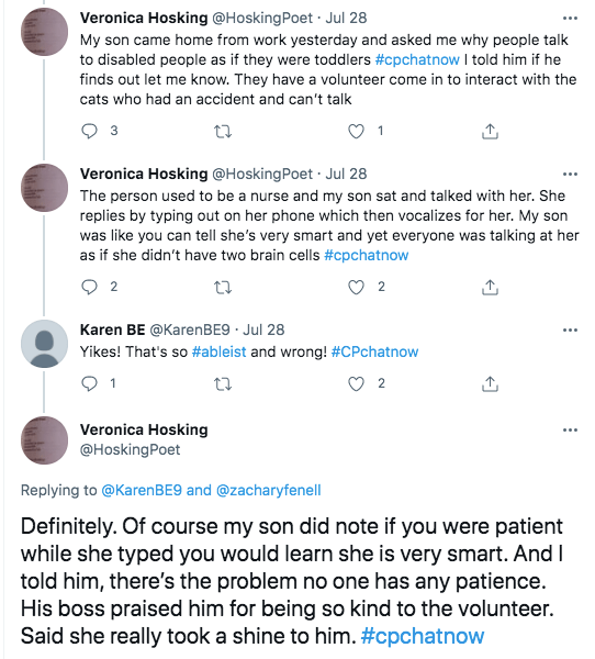 veronica tweeted about an interaction her son had with someone who used her phone to communicate at work. she appeared very smart, but other people did not treat her as smart, karen tweeted that is ableist and wrong, veronica tweeted she feels no one has any patience which is the problem