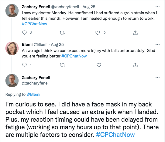 zach tweets he saw his doctor who confirmed he suffered a groin strain, blemi tweeted we can expect more falls as we age, zach tweeted he is curious about that, he did have a face mask in his back pocket which caused a jerk and his reaction time could be delayed 