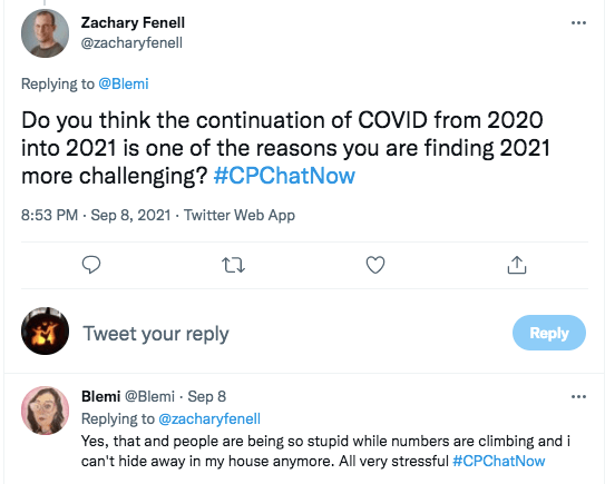 zach asks if the continuation of covid has made 2021 more challenging, blemi tweets her agreement and that people where she lives are being stupid with numbers climbing and she can't hide in the house 