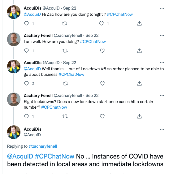 AcquiDis tweeted she is coming out of lockdown number 8 in australia, zach asks if a new lockdown starts once cases hit a certain number, AcquiDis tweets instances of COVID are detected in local areas which cause immediate lockdowns 