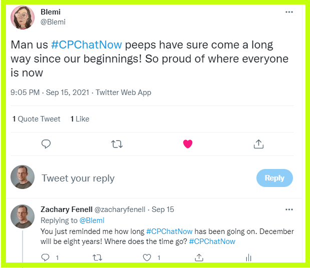 Blemi comments about how far people in the #CPChatNow community have come since the chat first started. 